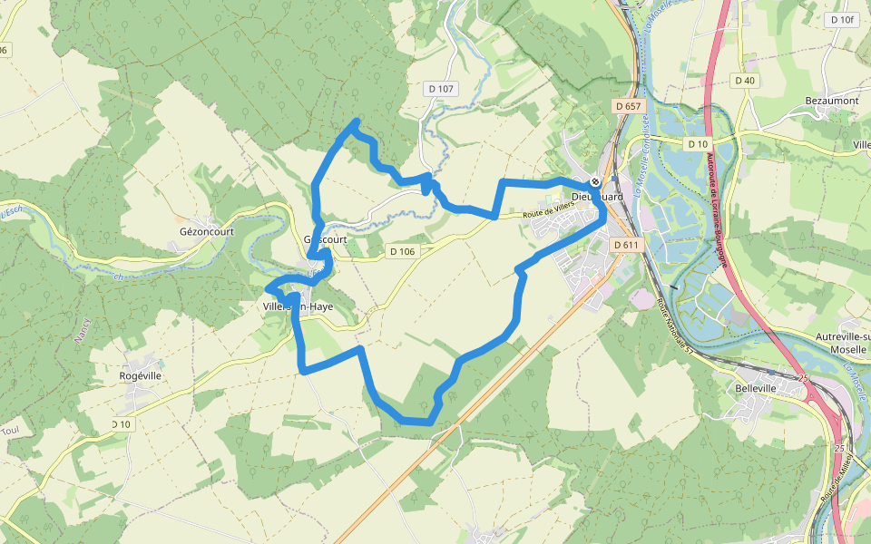 La Roche aux Loups walking route map in Dieulouard