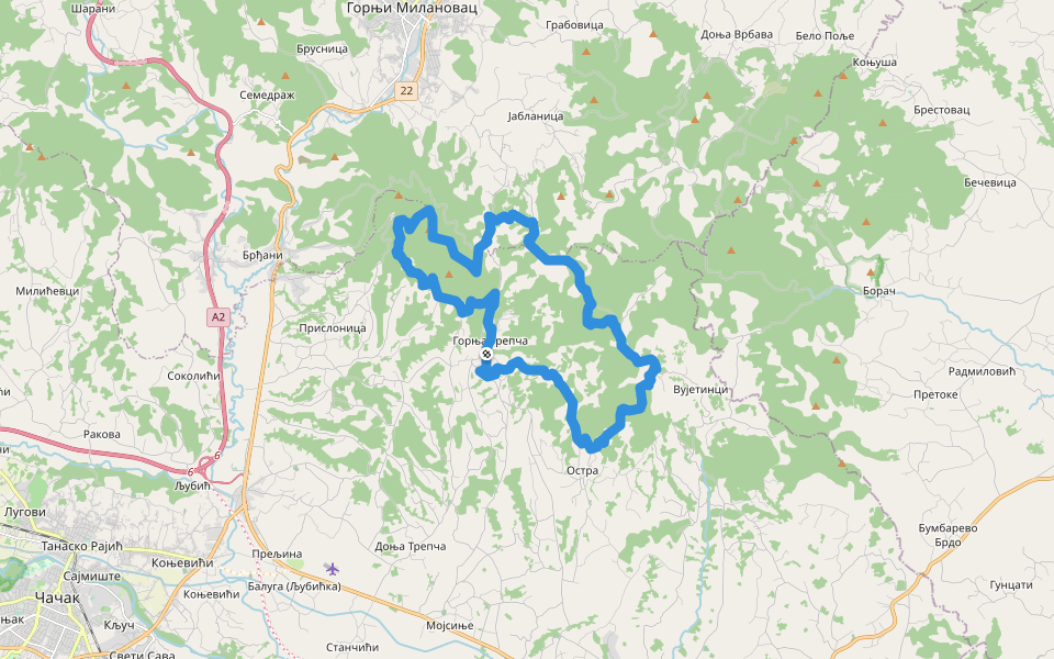 Три врха Атомске бање walking route map in Горња Трепча