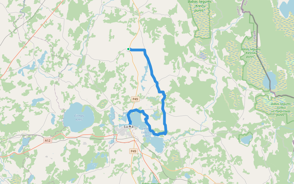 Ezertaka: Pušmucova-Blonti-Felicianova-Ķīšu pilskalns-Ludza walking route map in Pušmucova