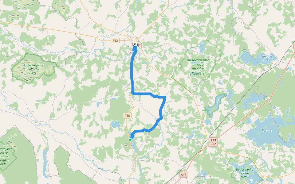 Ezertaka: Pelēču ezers-Aizkalne-Preiļi walking route map in Siveriņa