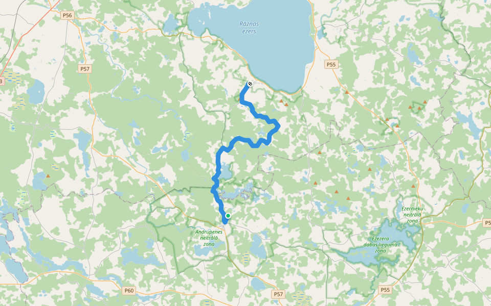 Ezertaka: Andrupene-Krievu Virauda-Mākoņkalns-Lipuški walking route map in Piedruja