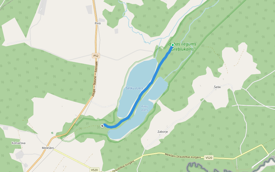 Grebļukalna taka walking route map in Šeški