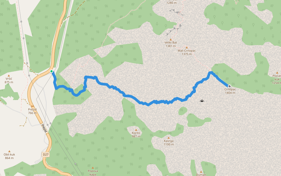 Crnopac vrh walking route map in Gračac