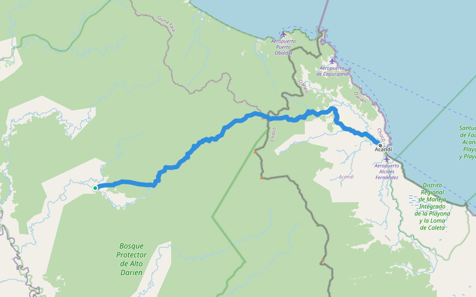 Ruta migrante por Tapón del Darién Acandí (Col) - Bajo Chiquito (Pan), PELIGROSA walking route map in Boca de Marraganti