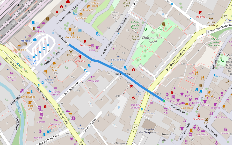 Rue Centrale walking route map in Morges