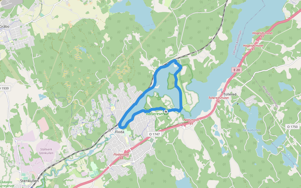 Floda-Nääs Sjöpromenad walking route map in Floda