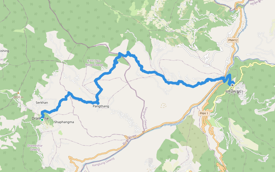 Drametse - Tashigang walking route map in Damoitsi