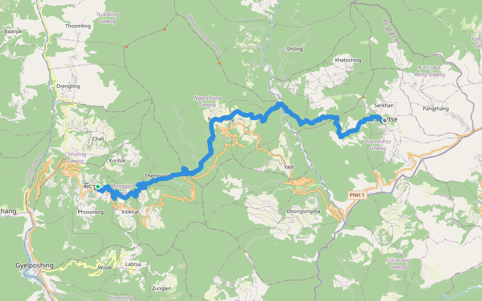 Mongar - Drametse walking route map in Mongar