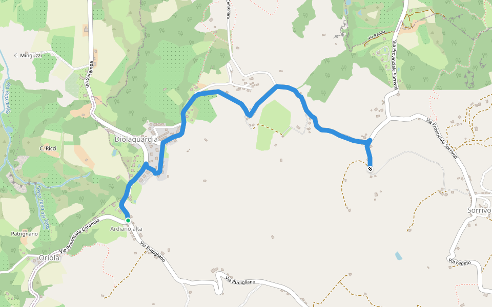 Percorso di unione tra l'anello 5 e l'anello 9 tra Sorrivoli e Diolaguardia walking route map in Ardiano Alta