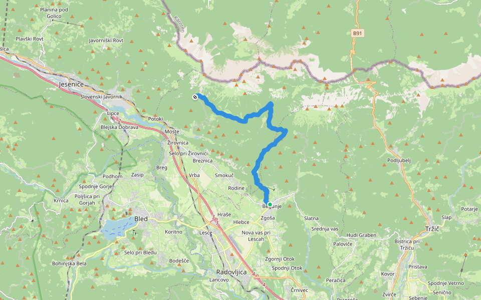 Pot Juliusa Kugyja v 30 etapah - povezava prek E 8a walking route map in Begunje na Gorenjskem