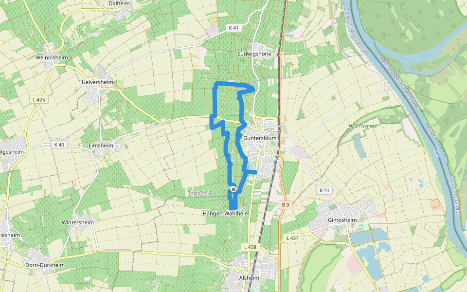 Wandern in den Vögelsgärten walking route map in Guntersblum