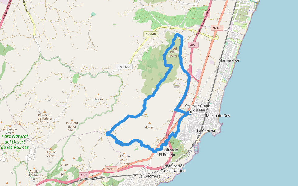 Camí de la Serra d'Orpesa walking route map in Orpesa