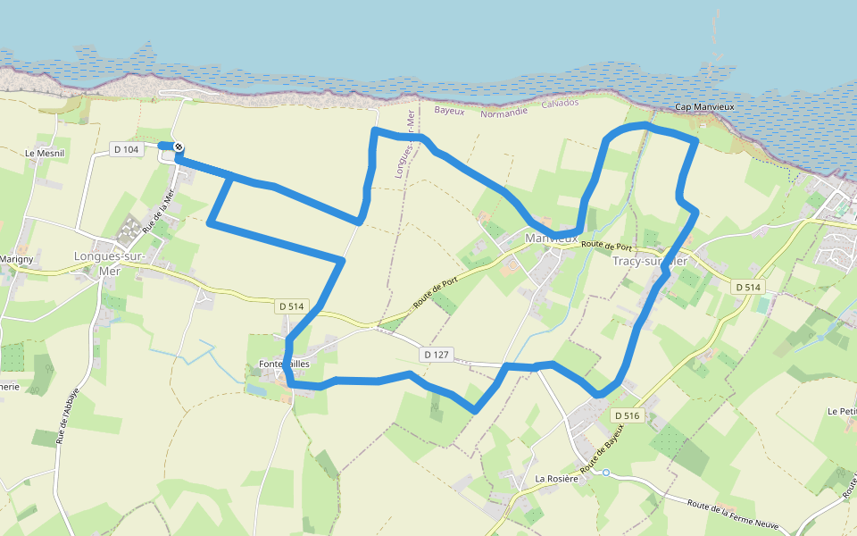 De la Batterie de Longues au Cap Manvieux walking route map in Longues-sur-Mer