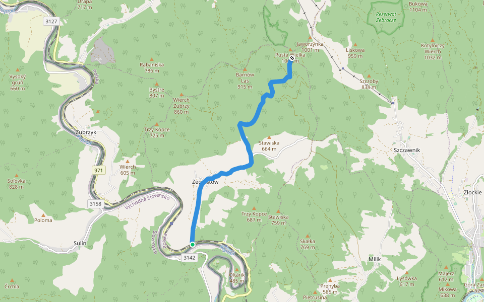 Pusta Wielka - Żegiestów walking route map in Żegiestów