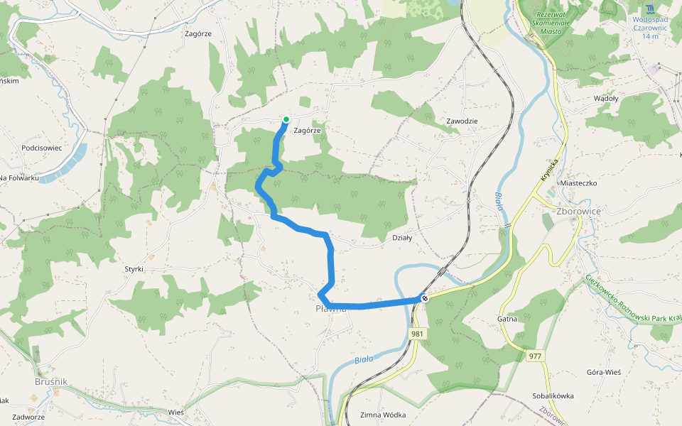 Pławna PKP - Zagórze walking route map in Kąśna Dolna