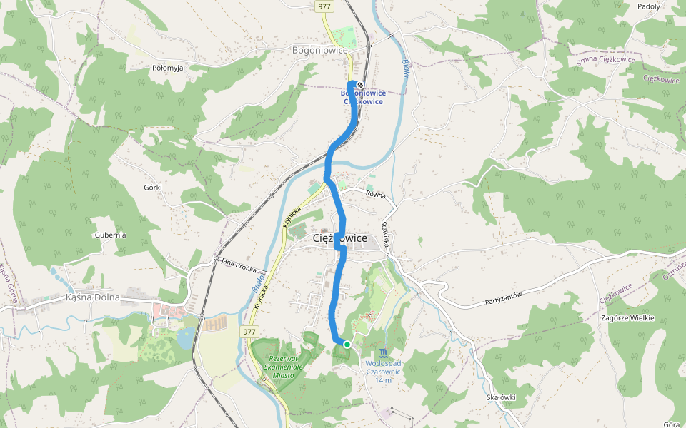 Ciężkowice PKP - Rezerwat Skamieniałe Miasto wschód walking route map in Ciężkowice
