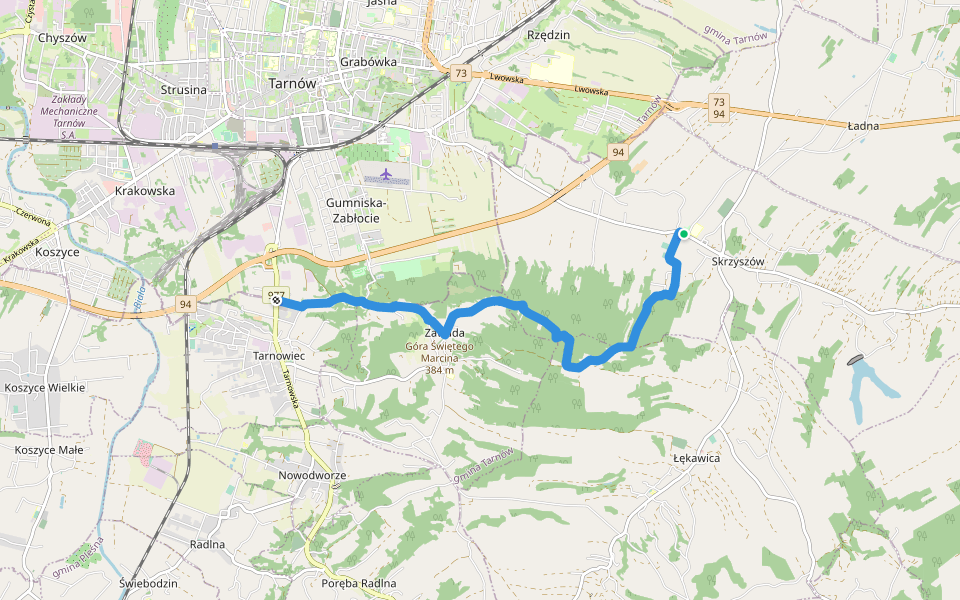 Tarnowiec Granica - Skrzyszów kościół walking route map in Skrzyszów