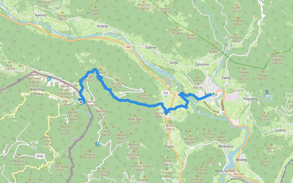Pot Juliusa Kugyja v 30 etapah - povezava prek E 13a walking route map in Tolmin