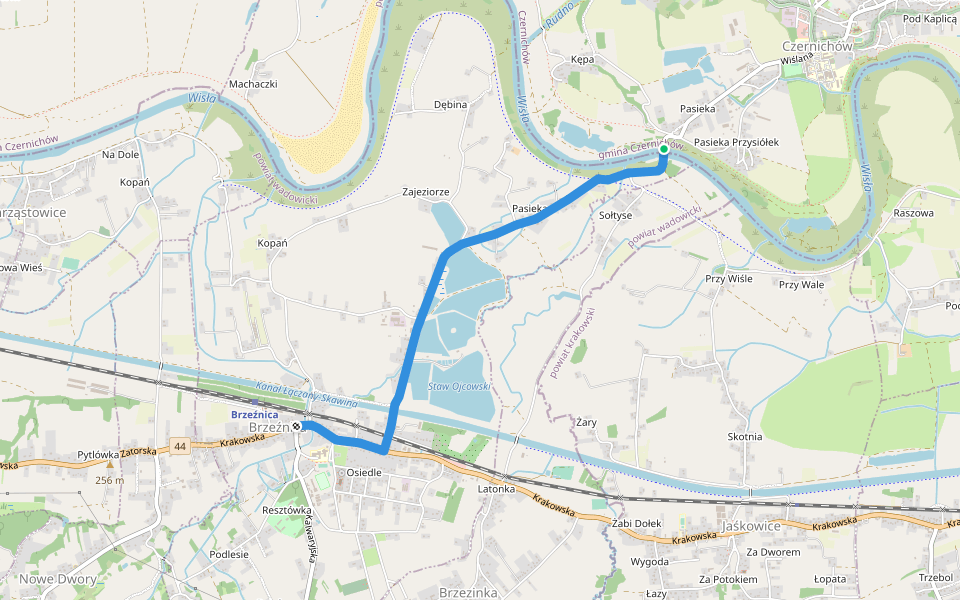 Brzeźnica PKP - Czernichów prom walking route map in Czernichów
