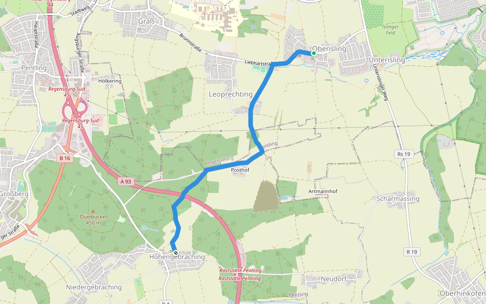 S 22 Oberisling - Hohengebraching (Rotes Rechteck) walking route map in Regensburg