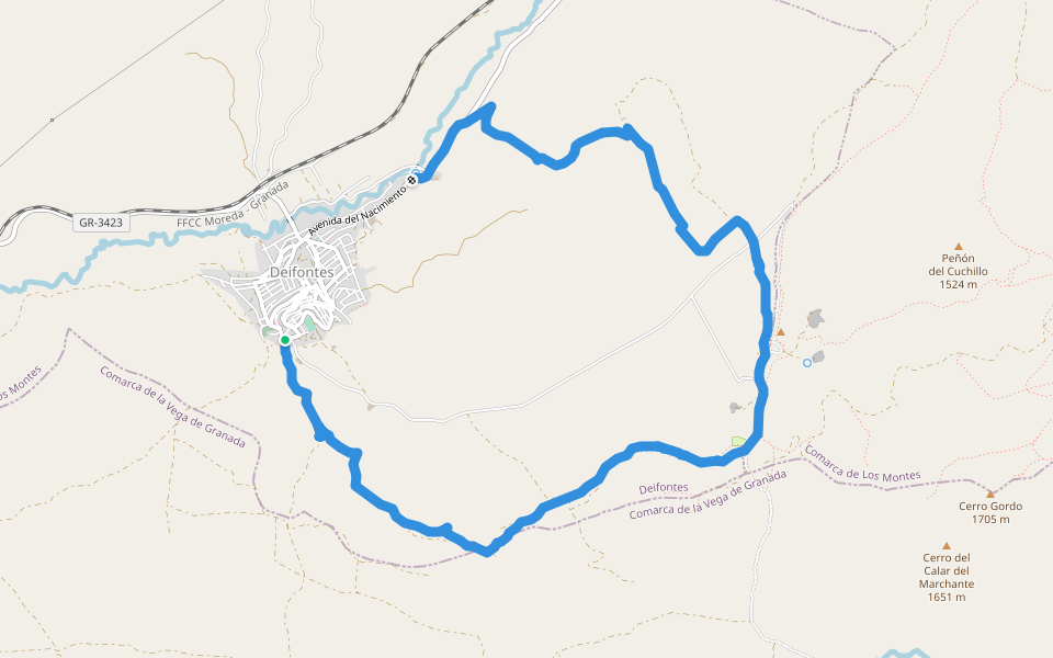 Sendero de las Fuentes walking route map in Deifontes