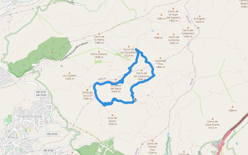 Cueva del Agua walking route map in Viznar