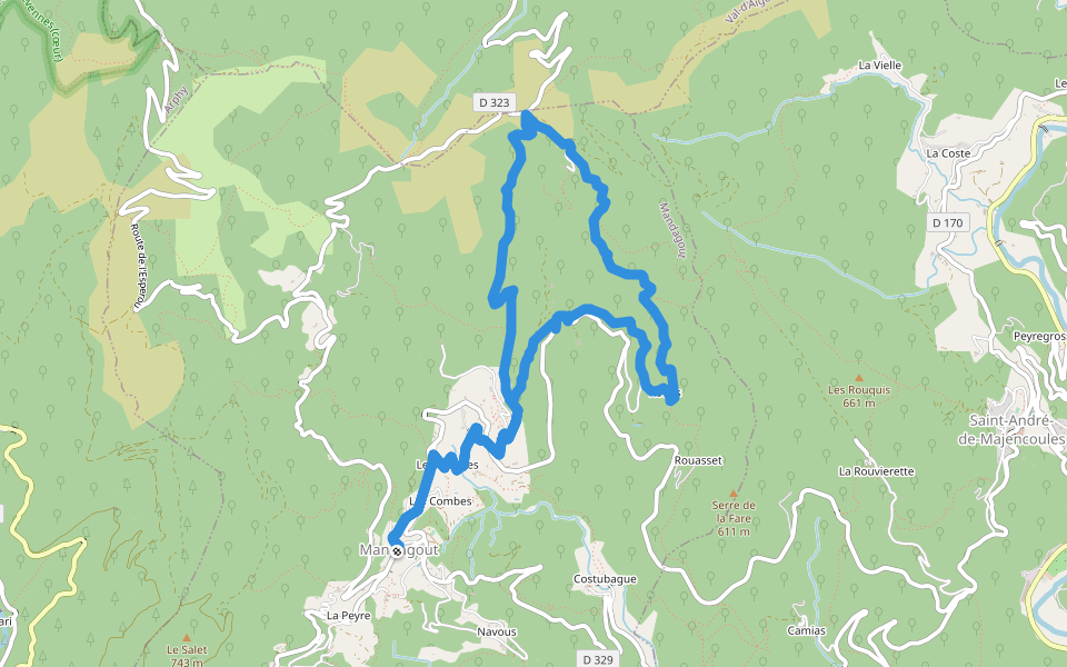 Col de Peyrefiche walking route map in Mandagout