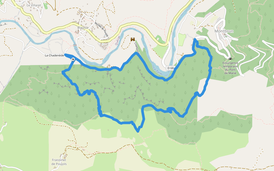 La Chadenède, sentier des moines walking route map in Gorges du Tarn Causses