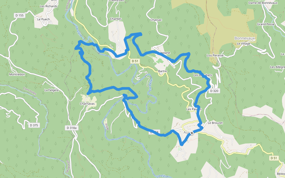 Le gué d'Hiverne walking route map in Aujac