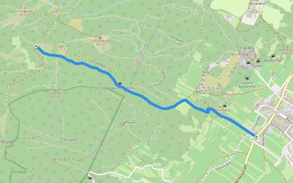 Gumpoldskirchen - Siebenbrunnengraben - Anschluß Wienerwald-Sternwanderwege 42 walking route map in Gumpoldskirchen
