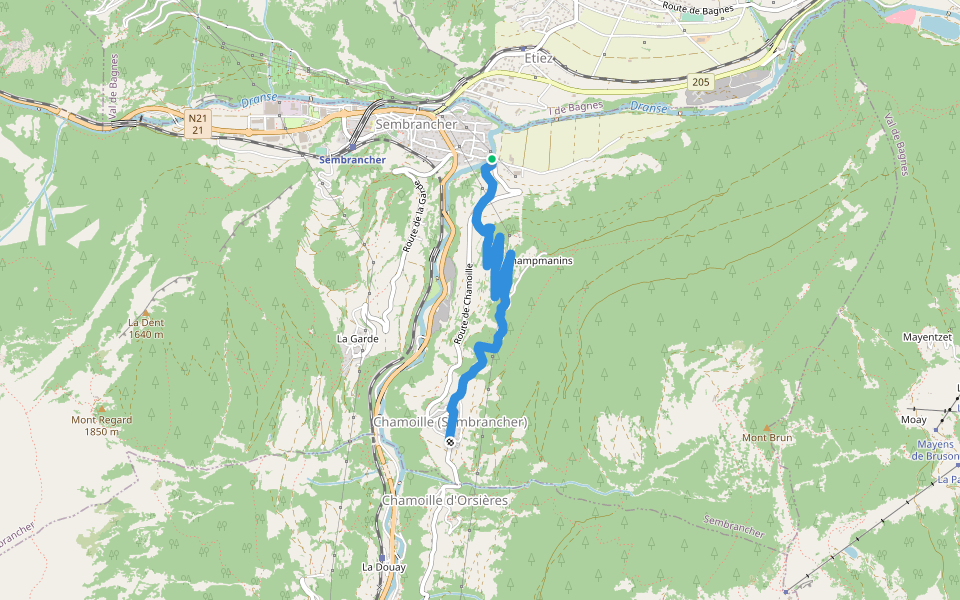 Les Moulins > Chamoille d'en Haut walking route map in Sembrancher