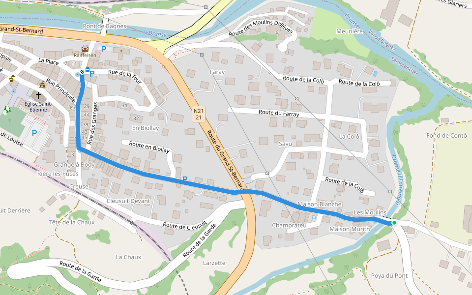 Sembrancher > Les Moulins walking route map in Sembrancher