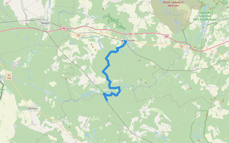 Pliszka PKP - Torzym PKP walking route map in Pliszka