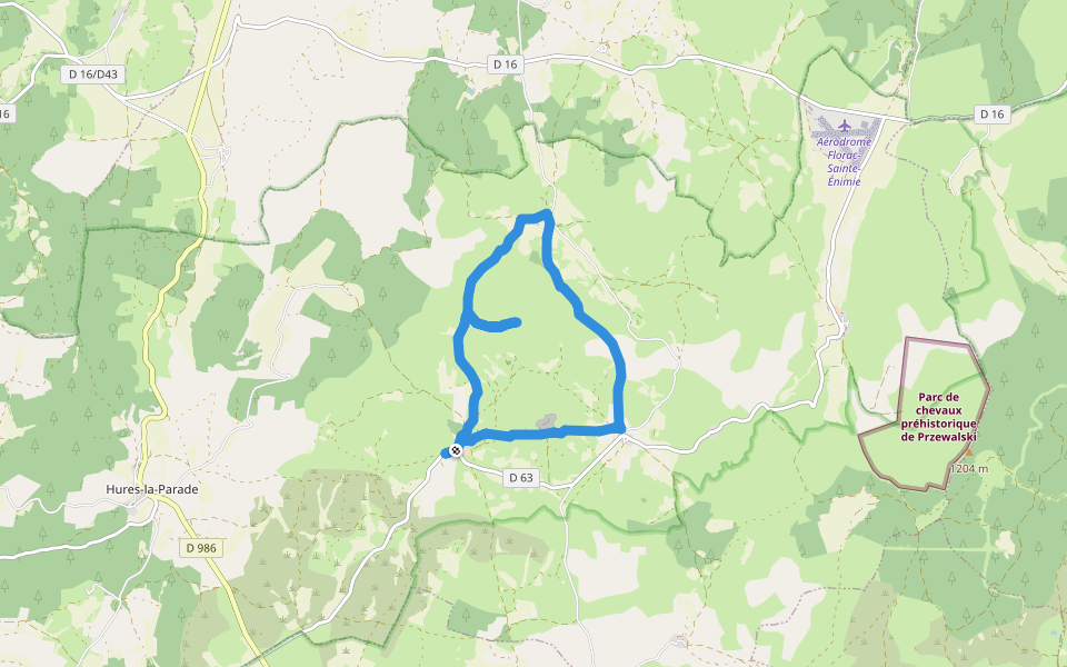 Les trois hameaux walking route map in Hures-la-Parade