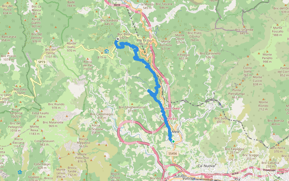 Fondocrosa - Gorsexio - Valico di Favin walking route map in Mele