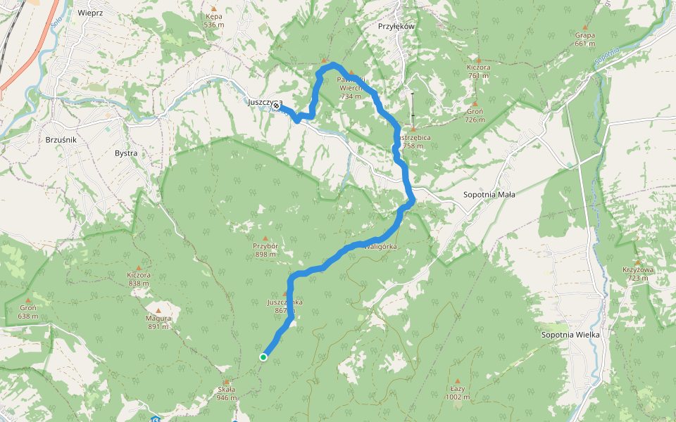 Lachowe młaki - Juszczyna Centrum walking route map in Żabnica