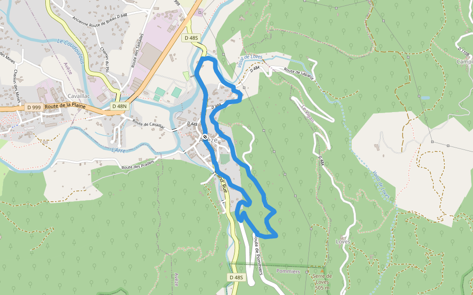 Pont de Mousse walking route map in Avèze