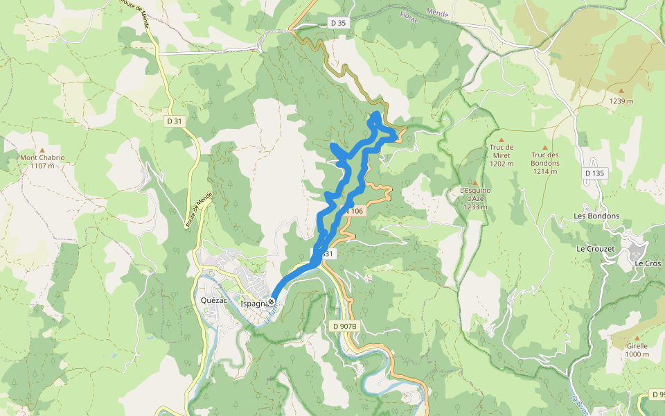 Rocher des Fées walking route map in Ispagnac