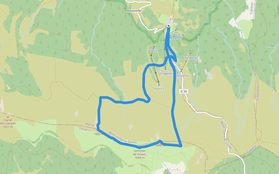 Sommet de Finiels walking route map in Cubières