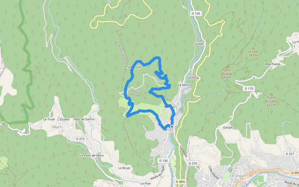 Tour d'Aulas walking route map in Aulas