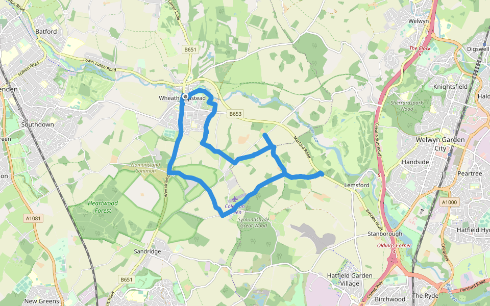 The Romans & Nomansland walking route map in Wheathampstead