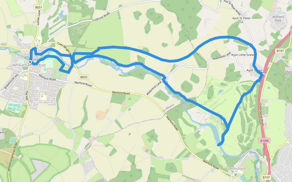 Old Railway & River Lea walking route map in Wheathampstead