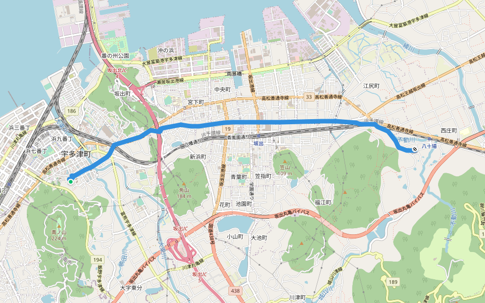 四国遍路 78番札所郷照寺~79番札所天皇寺 walking route map in Utazu