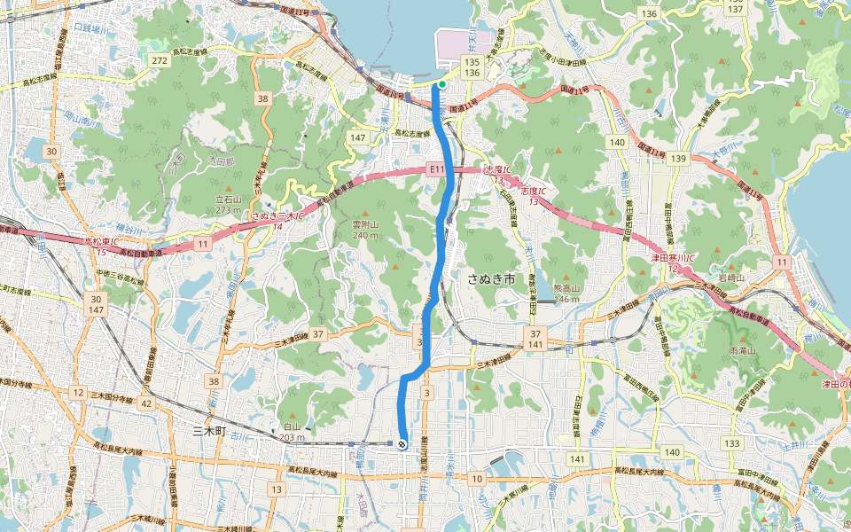 四国遍路 86番札所志度寺~87番札所長尾寺 walking route map in Sanuki