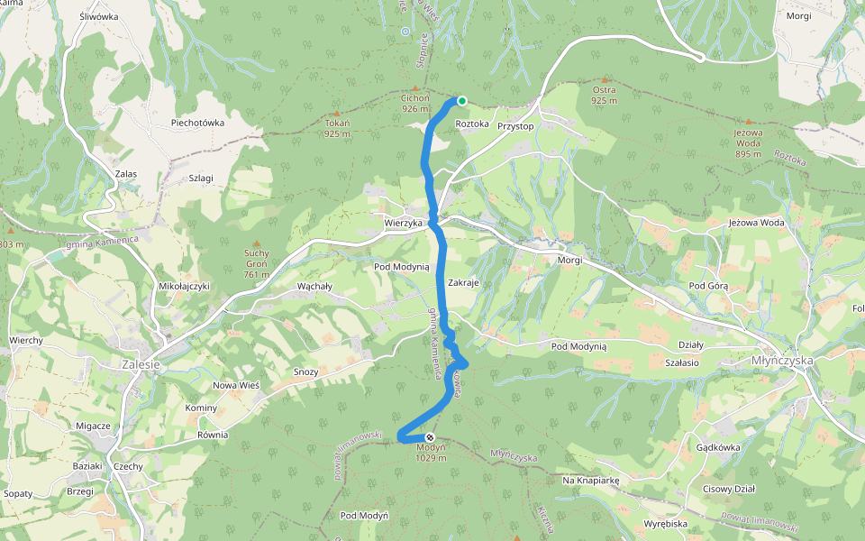 Modyń - szlak pieszy czarny walking route map in Roztoka