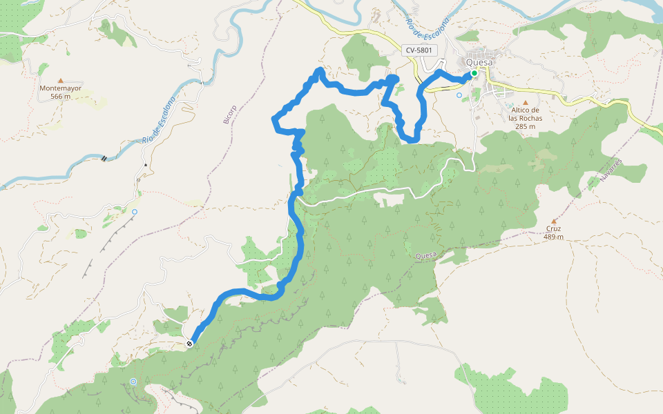 Sendero de los Charcos walking route map in Quesa