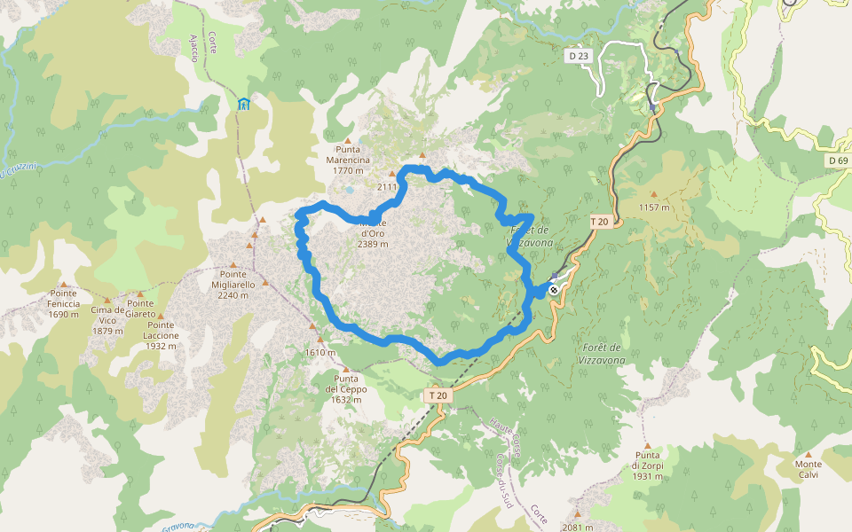 Boucle du Monte d'Oro walking route map in Vivario