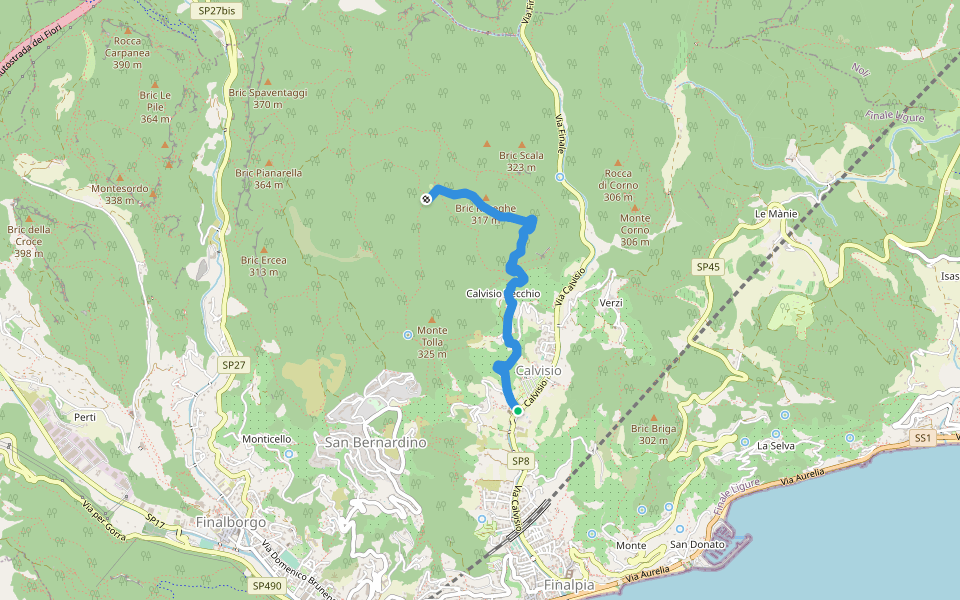 Calvisio - Camporotondo walking route map in Finale Ligure