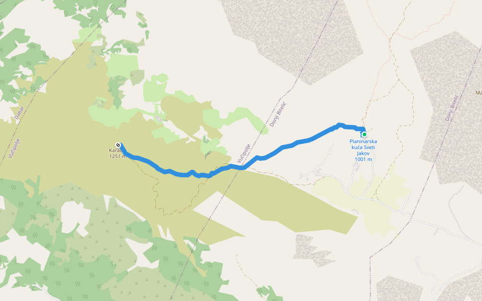 Planinarski put na Debelo brdo (Karaula) walking route map in Donji Bitelić