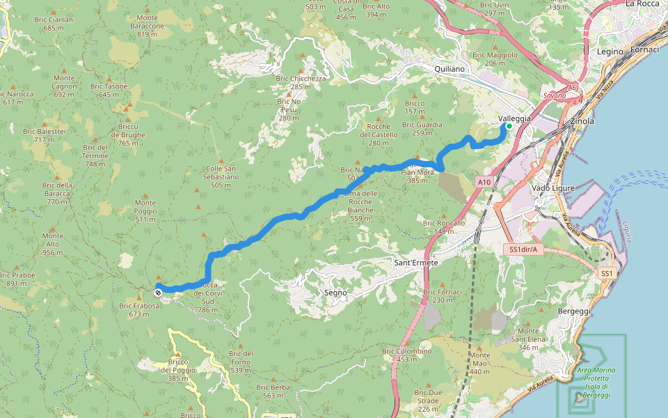 Valleggia - Rocca dei Corvi - Rocche Bianche walking route map in Valleggia